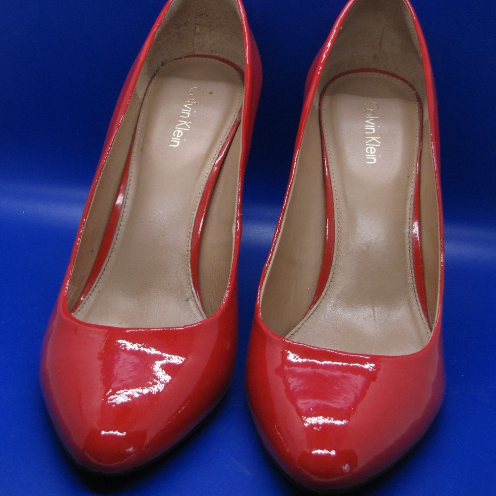 Calvin Klein Salene Lipstick Red Patent Leather 4" Heels 10M +CK gold heel plate